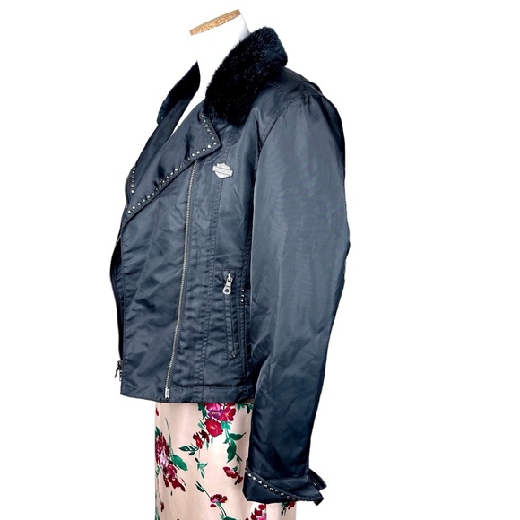 Harley Davidson Women’s Nylon Motorcycle Biker Jacket Black Cropped Small Fur - Picture 6 of 17